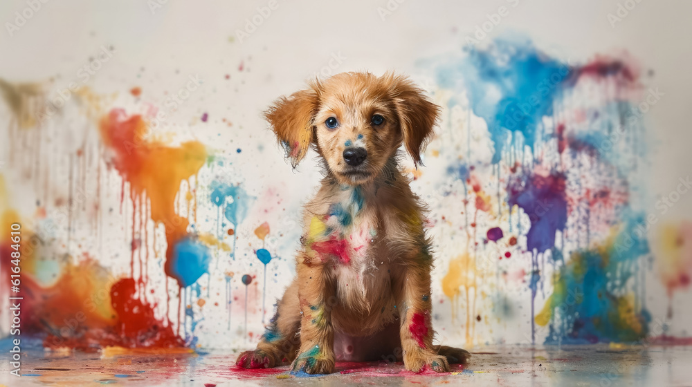 Poster puppy dog playing in colorful water color , dirty with color splash , created with generative ai tec