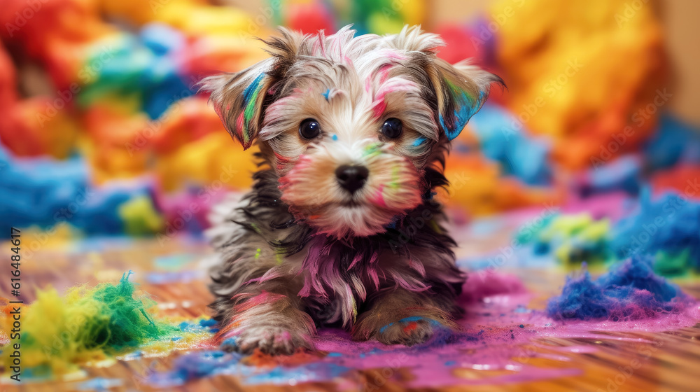 Poster puppy dog playing in colorful water color , dirty with color splash , created with generative ai tec