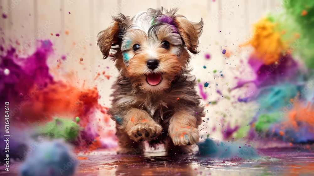 Poster puppy dog playing in colorful water color , dirty with color splash , created with generative ai tec