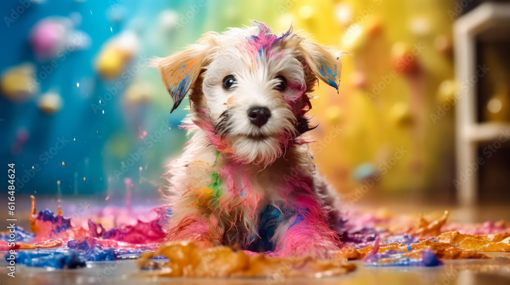 Poster puppy dog playing in colorful water color , dirty with color splash , created with generative ai tec