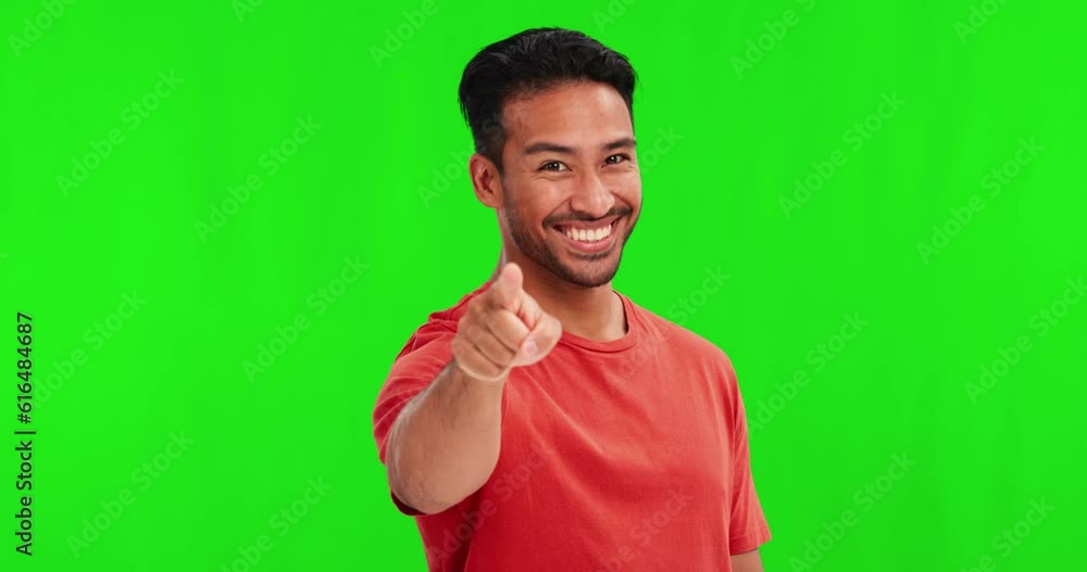 Aufkleber man, green screen and face with point at you for choice, selection or recruitment with smile in mock