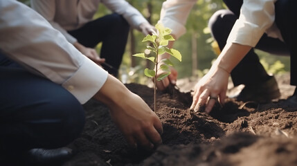 A group of volunteers holds a small tree in their hands to plant trees for the forest on world environment day for a sustainable environment. global care and save the earth - obrazy, fototapety, plakaty