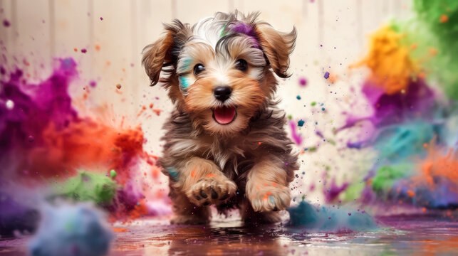 Puppy dog playing in colorful water color , dirty with color splash , Created with Generative Ai Technology