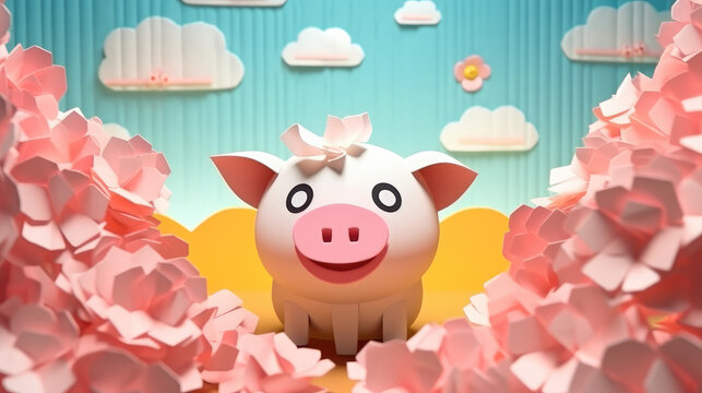 pig. Paper Art and Origami Animal in the wild created with Generative AI Technology