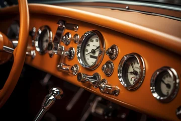 Zelfklevend Fotobehang Luxurious leather interior of a retro car control panel © FrameFinesse