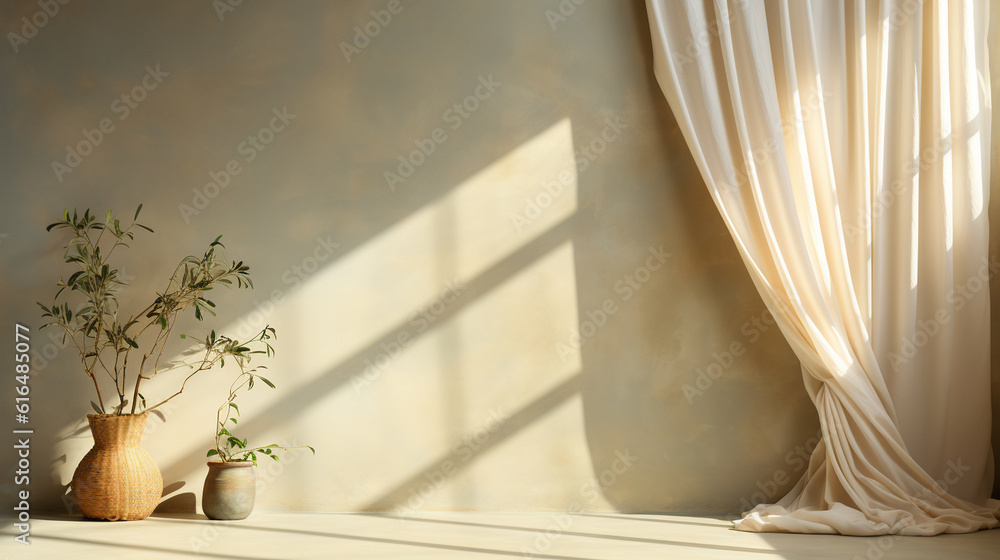 Poster minimalist backdrop with graceful curtain shadows casting a subtle pattern on a plain wall, creating