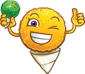 Lemon flavored shaved ice snow cone giving an enthusiastic thumbs up and a cute wink and a toothy smile on a warm summer day - 616485628