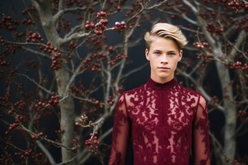 Fototapeta premium Young male model wearing red in front of trees.