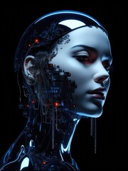 Face future robot liquid glass,fashion black background