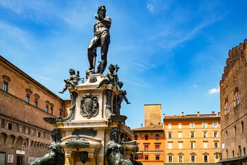 Fototapeta na wymiar Bologna - Fontana di Nettuno or Neptune fountain on Piazza Maggiore square at the morning dusk designed by Tommaso Laureti (1565).