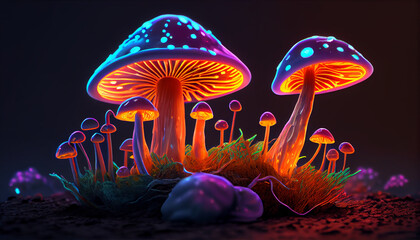 Fototapeta na wymiar Mushrooms in neon style Ai generated image