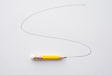 Flat lay of pencil hand draw sketch free form line on white paper background. Creative, ideas, imagination, innovation, thinking, relax concept.