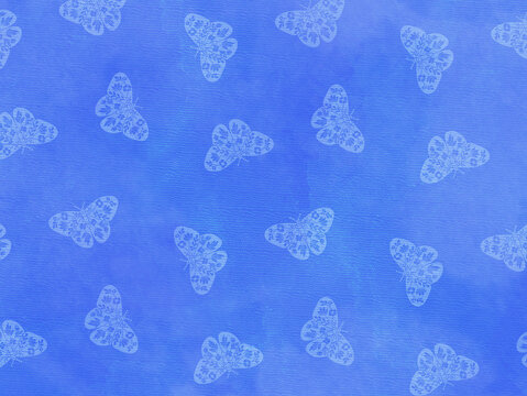 Little butterfly pattern. Blue background in vintage colors. Watercolor on paper texture. © ~ LENA BUKOVSKY ~