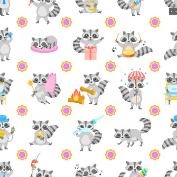 Seamless Pattern Abstract Elements Animal Raccoon Wildlife Vector Design Style Background Illustration Texture For Prints Textiles, Clothing, Gift Wrap, Wallpaper, Pastel