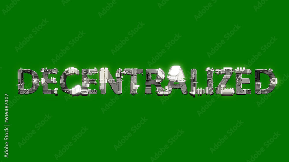 Poster industrial style cybernetical text decentralized on chroma key screen backdrop, isolated - object 3d