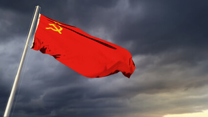 pretty Soviet Union (USSR, SSSR) flag on massive dark clouds backdrop - abstract 3D illustration
