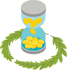 Money concept icon isometric vector. Hourglass with coin inside and green branch. Money time, finance