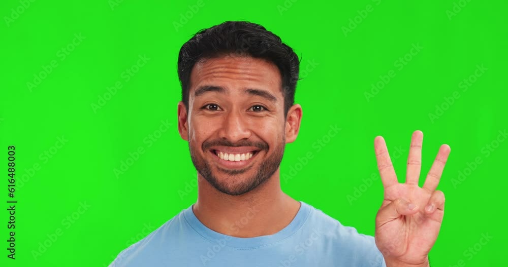 Aufkleber counting, happy and face of an asian man on a green screen with numbers, sign language or list. smil