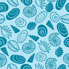 Sea shells vector seamless pattern. Summer beach hand-drawn doodle seaside print.