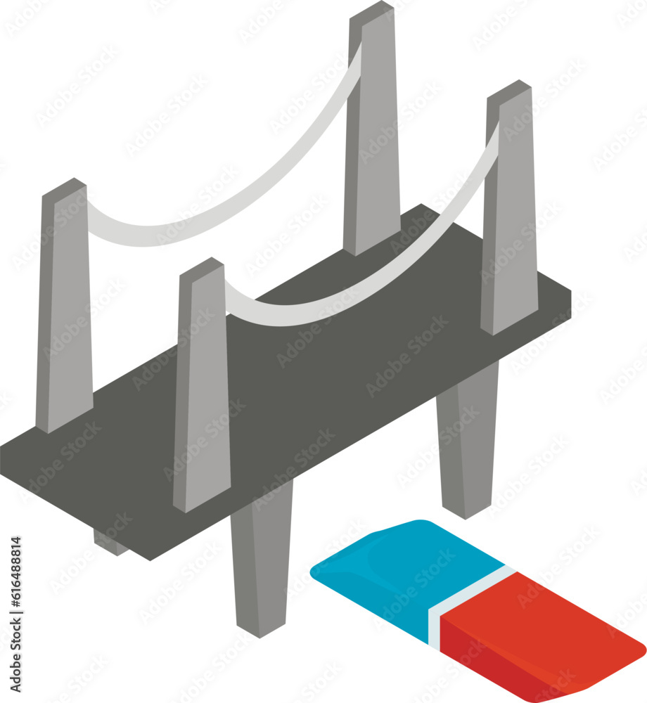 Poster architectural project icon isometric vector. bridge model and dual color eraser. construction projec