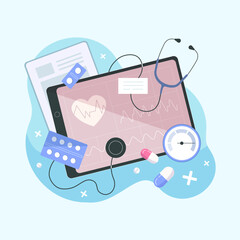 Cardiology. Checking heart health and cardiovascular pressure. Vector illustration in flat style