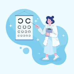 Ophthalmologist checks the patient's vision. Optical eye test. Good vision and care. Vector illustration in flat style