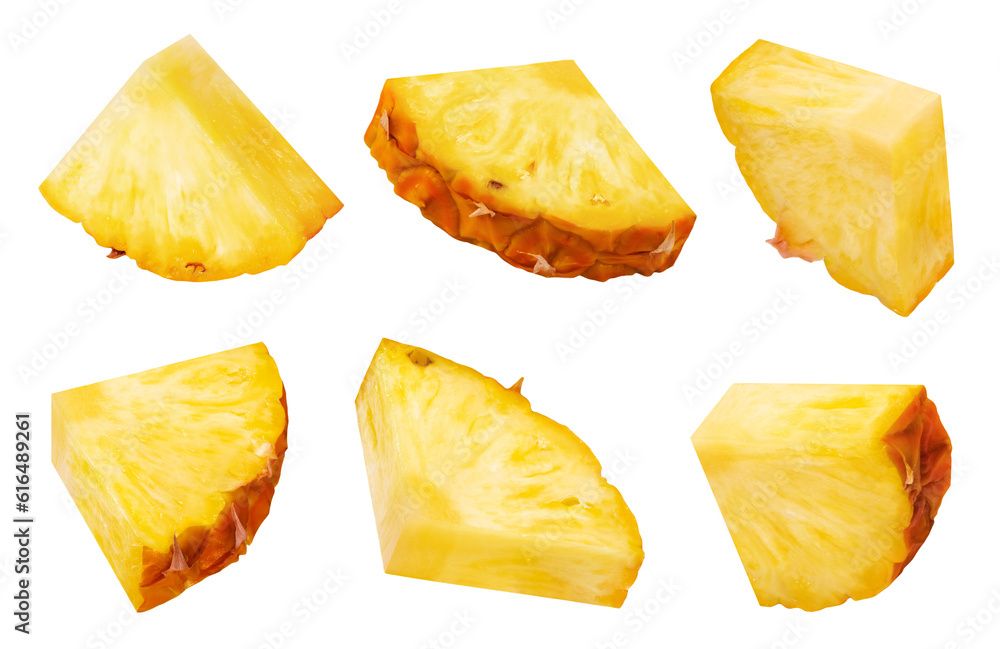 Wall mural pineapple isolated set. collection of ripe pineapple slices in different angles on a white backgroun