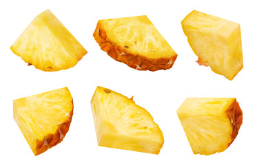 Pineapple isolated set. Collection of ripe pineapple slices in different angles on a white...