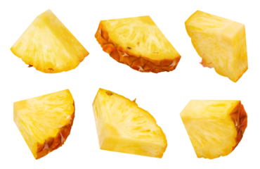 Pineapple isolated set. Collection of ripe pineapple slices in different angles on a white background.