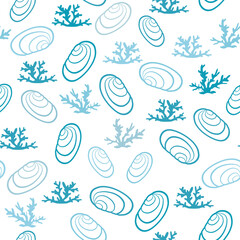 Seamless pattern with seashells, corals. Marine background. Vector illustration in doodle style.