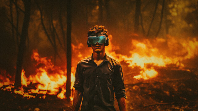 Young man wearing a virtual reality headset, while walking in a burning forest. Made with Generative AI