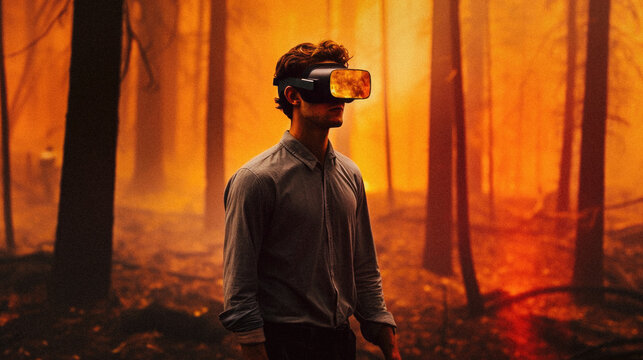 Young man wearing a virtual reality headset, while walking in a burning forest. Made with Generative AI
