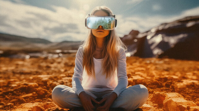 Young blonde woman wearing a virtual reality headset, sitting on a dried riverbed. Made with Generative AI
