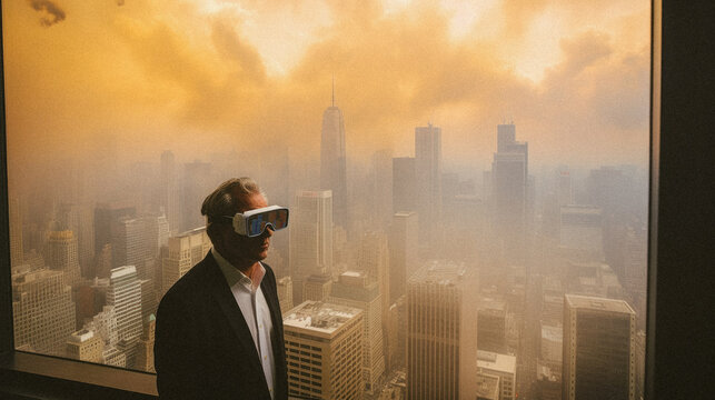 Middle-aged businessman wearing a virtual reality headset in an high-rise office, while the world burns outside. Made with Generative AI
