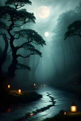 night landscape with moon and clouds and rivers, AI generative