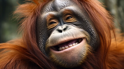Fototapeta na wymiar an orangutan grins amusedly into the camera, generative AI