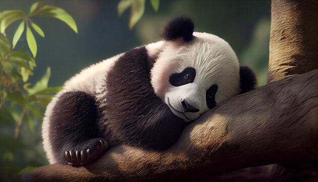 Panda Bear Sleeping on a Tree Branch, China Wildlife. Cute Lazy Baby Panda Sleeping in the Forest, Enjoying an afternoon nap with paws Hanging Down Ai generated image