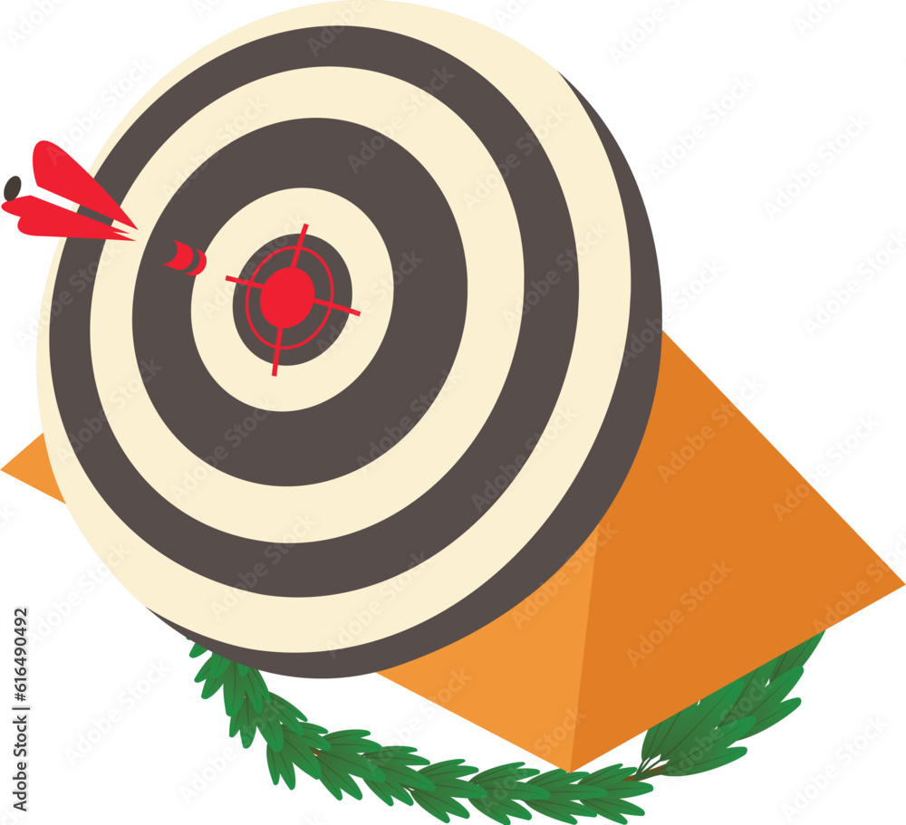 Poster dart throw icon isometric vector. target with dart in center and winner branch. competition, sport c