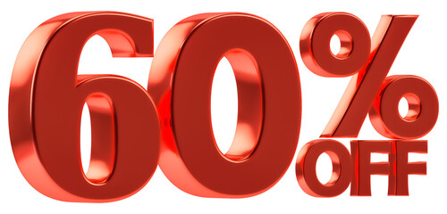 60 % off discount for sale promotion. 3d number with percent sign. Isolated on transparent background, include png format