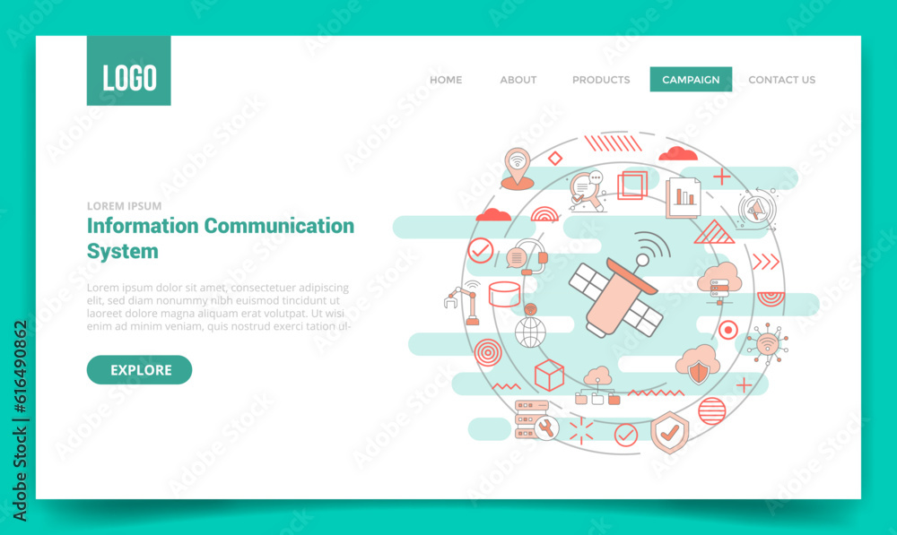 Poster ict information and communication technology concept with circle icon for website template or landin