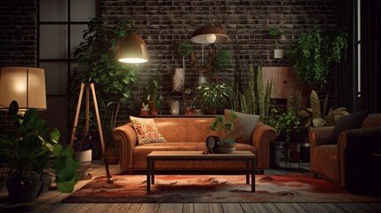 A living room featuring a sofa, table, rug, plant, and lamp, creating a harmonious and cozy atmosphere. Ganerative AI