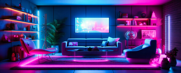 a futuristic living room in front of the neon light strips