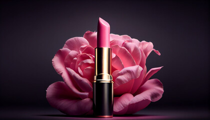 Pink lipstick surrounded by pink rose Ai generated image - obrazy, fototapety, plakaty