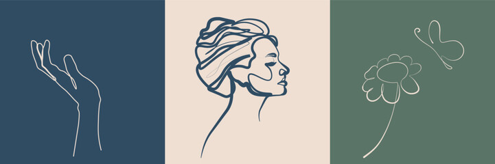 Surreal Faces Continuous line, drawing of set faces and hairstyles, fashion concept, woman's beauty, minimalist, vector illustration, pretty sexy. Love yourself and take care of yourself.