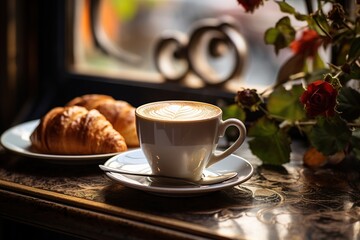 A cup of freshly brewed coffee with milk foam. French cafe cup of coffee and kurosan. Generative AI