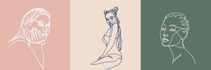 Surreal Faces Continuous line, drawing of set faces and hairstyles, fashion concept, woman's beauty, minimalist, vector illustration, pretty sexy. Love yourself and take care of yourself.