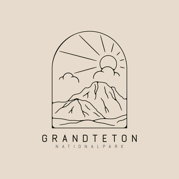 grand teton mountain national park line art logo design with sun burst and cloud minimalist style logo vector illustration design.