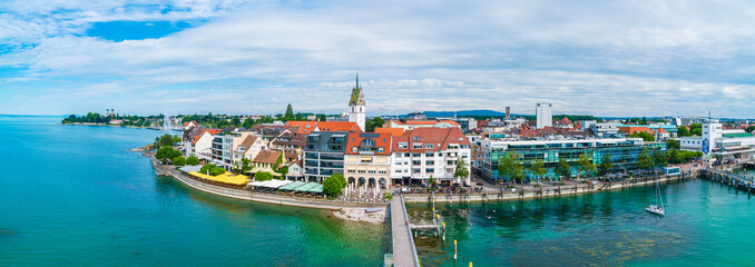 Germany, Friedrichshafen city coast of bodensee lake, houses at promenade lakeside in summer,...
