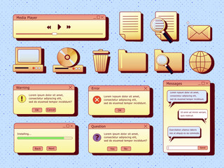Set of retro vaporwave desktop browser and dialog window templates. 80s 90s old computer user interface elements and vintage aesthetic icons. Nostalgic retro operating system.