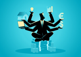 Business concept illustration of a businessman with multiple hands holding financial symbols, financial guru or expert, investment planning concept